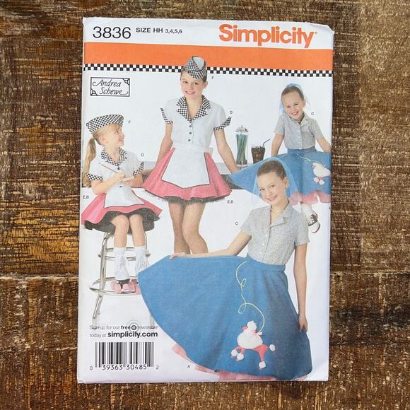 Simplicity Sewing Pattern 3836 Girls Costume 1950s Carhop Poodle Skirt 3-6 UNCUT - Picture 1 of 2